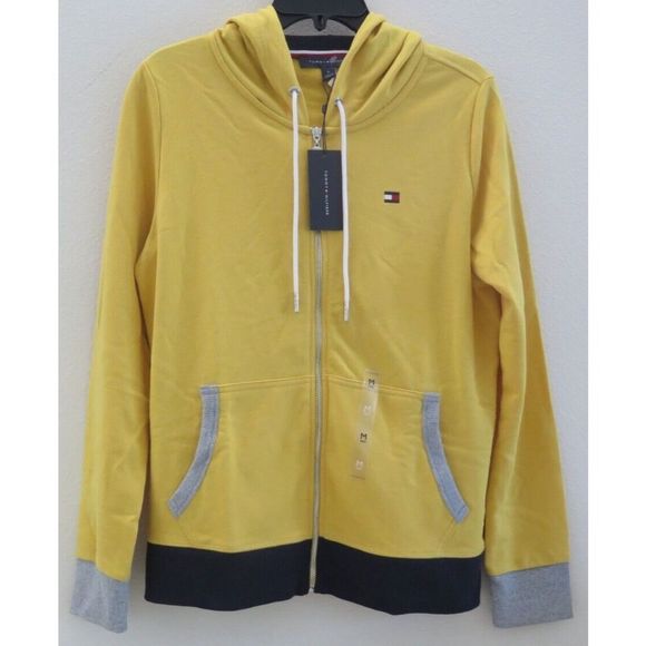 Tommy Hilfiger J1KE0434 Women's Sz M Yellow/Gray Full Zip Colorblock Hoodie $70 - Picture 1 of 8